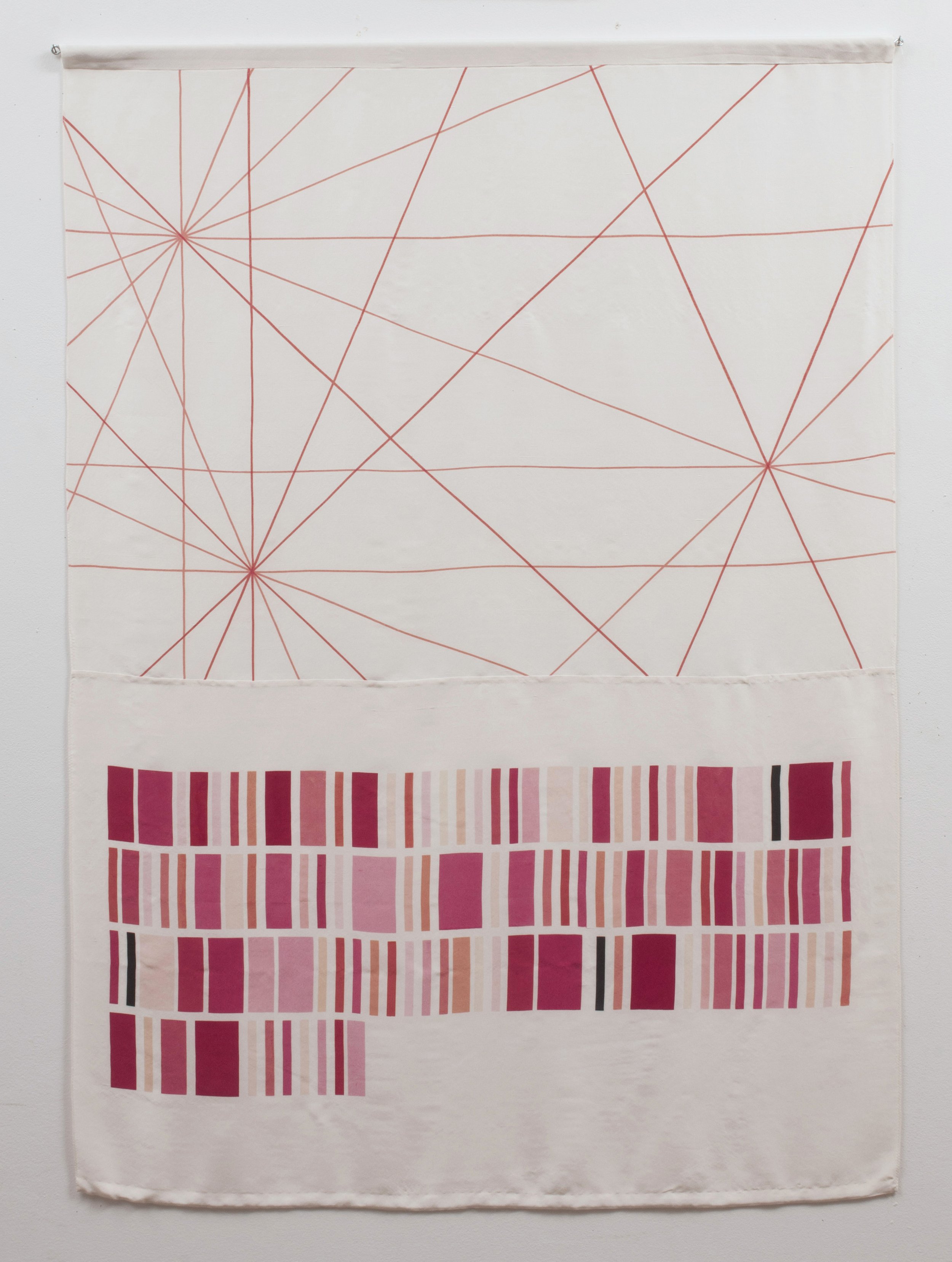  Sarah Hulsey,  Geographia, Paragraph 4  silk screen with hand mixed dyes on silk  72 x 48 inches 