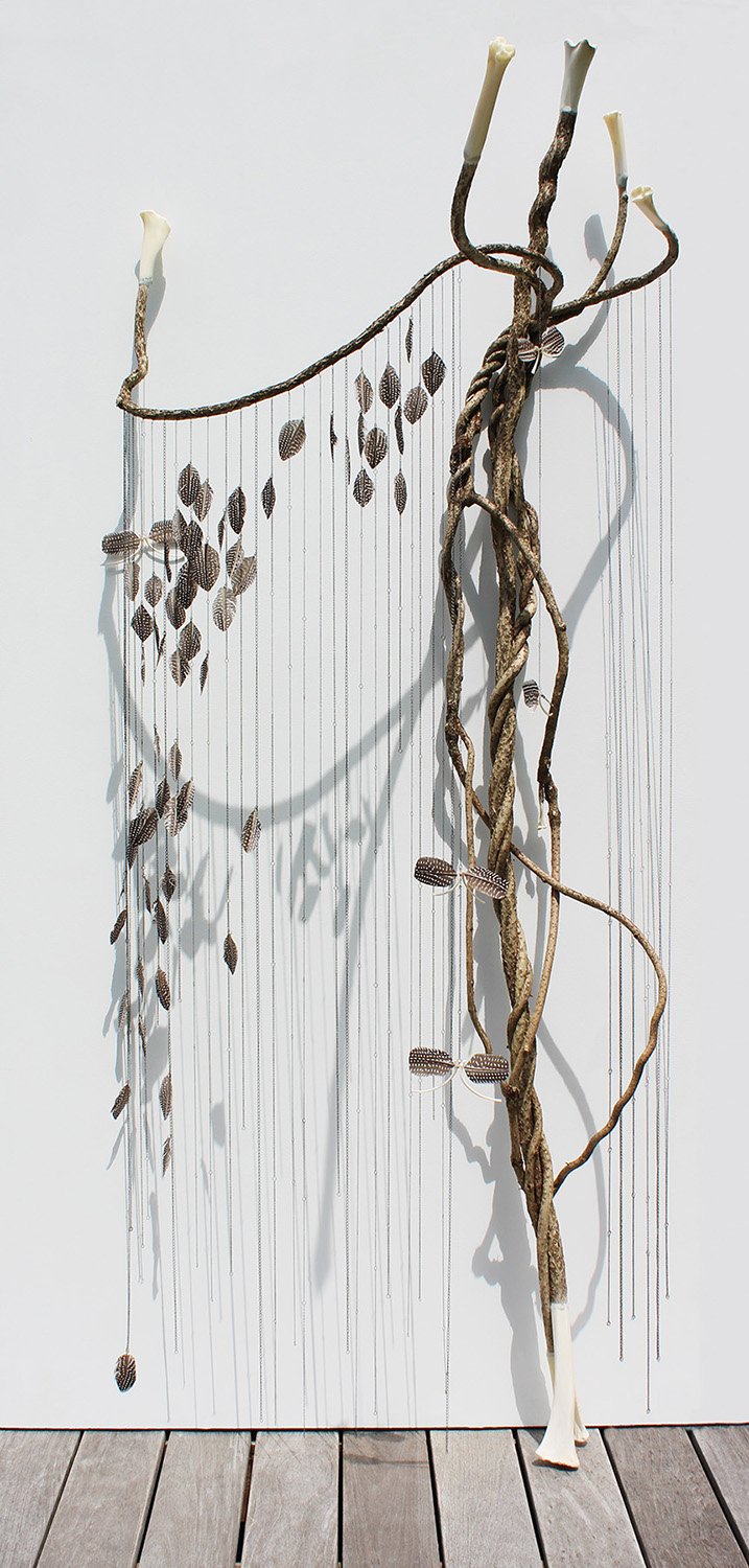    Flicker Sapling    Oriental bittersweet, assorted animal bone, chain, feathers, 90"h x 40"w x 32"d 