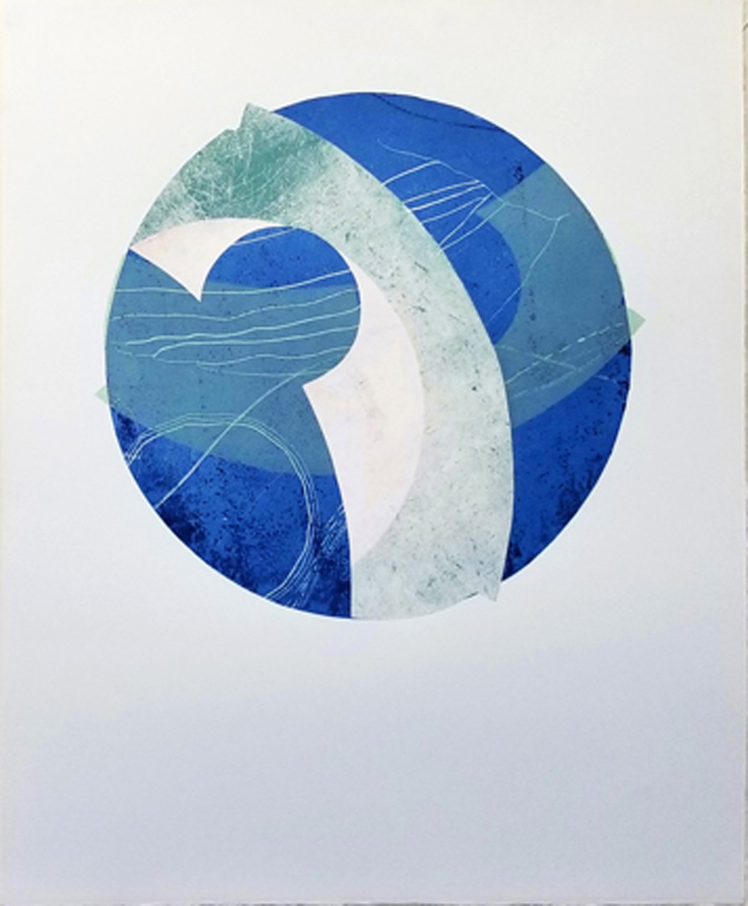  Elisa Lanzi  Shelter in Place, no. 8  Hand-pulled monotype, relief, collage on blue Magnani Pescia paper, Akua ink, 21x16 3/4 
