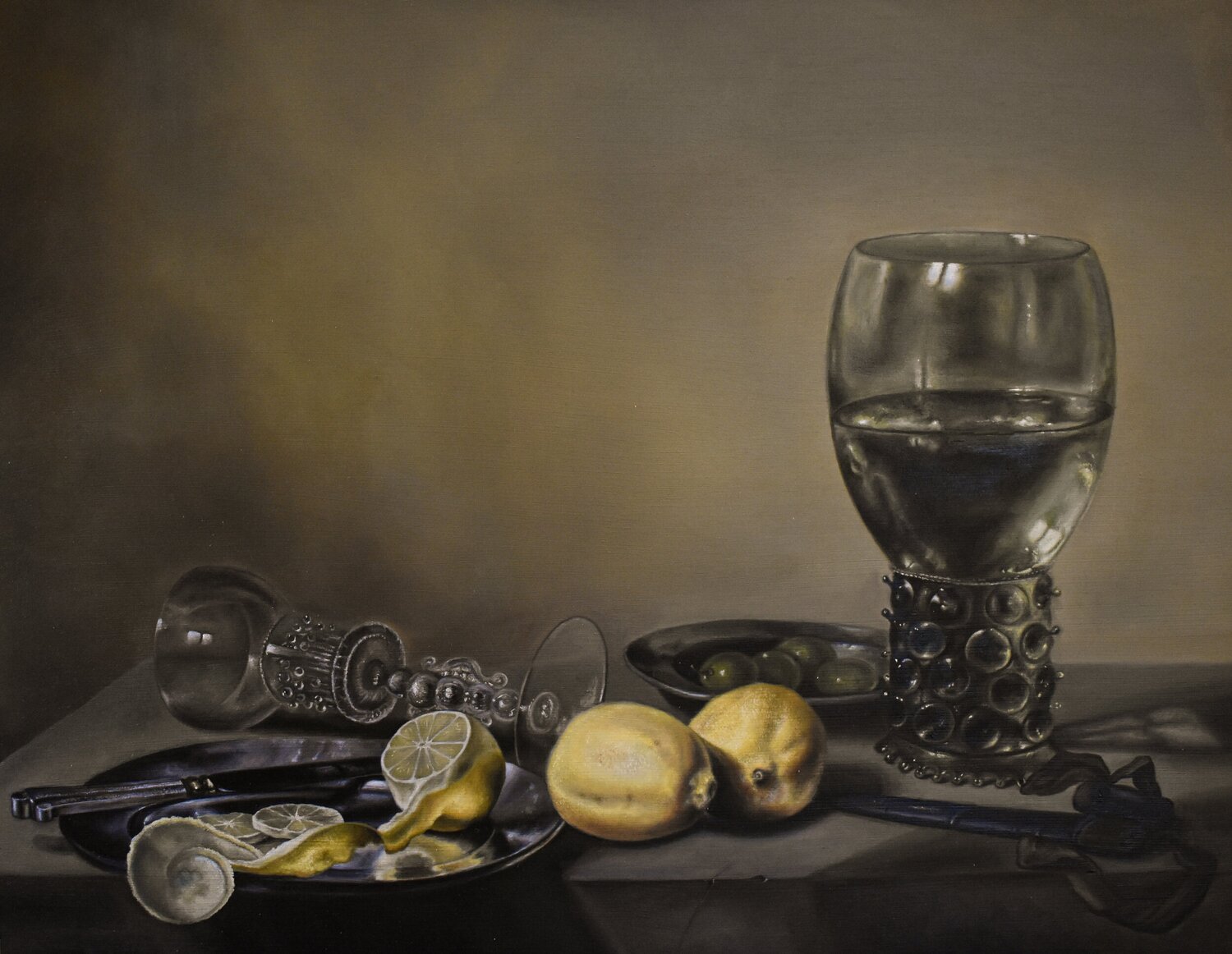    Still life with Lemons, Olives and Roemer (after Pieter Claesz)    Oil on panel, 16x20" 