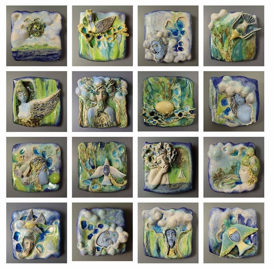    Forest Diaries    stoneware, stains, glazes, each 9x9x4 inches 