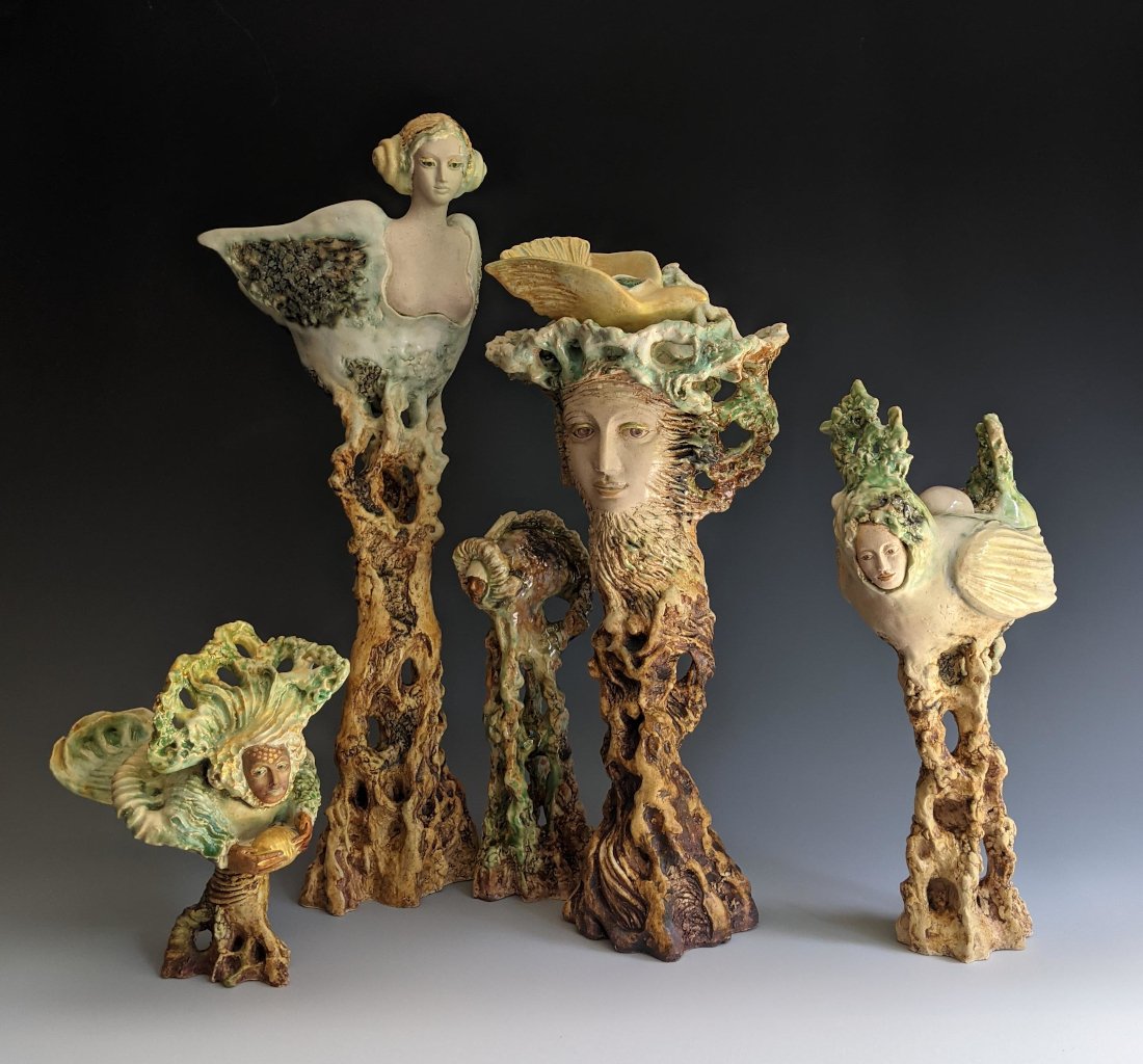    Forest Dwellers    stoneware, stains, glazes, various dimensions, tallest 20 inches 