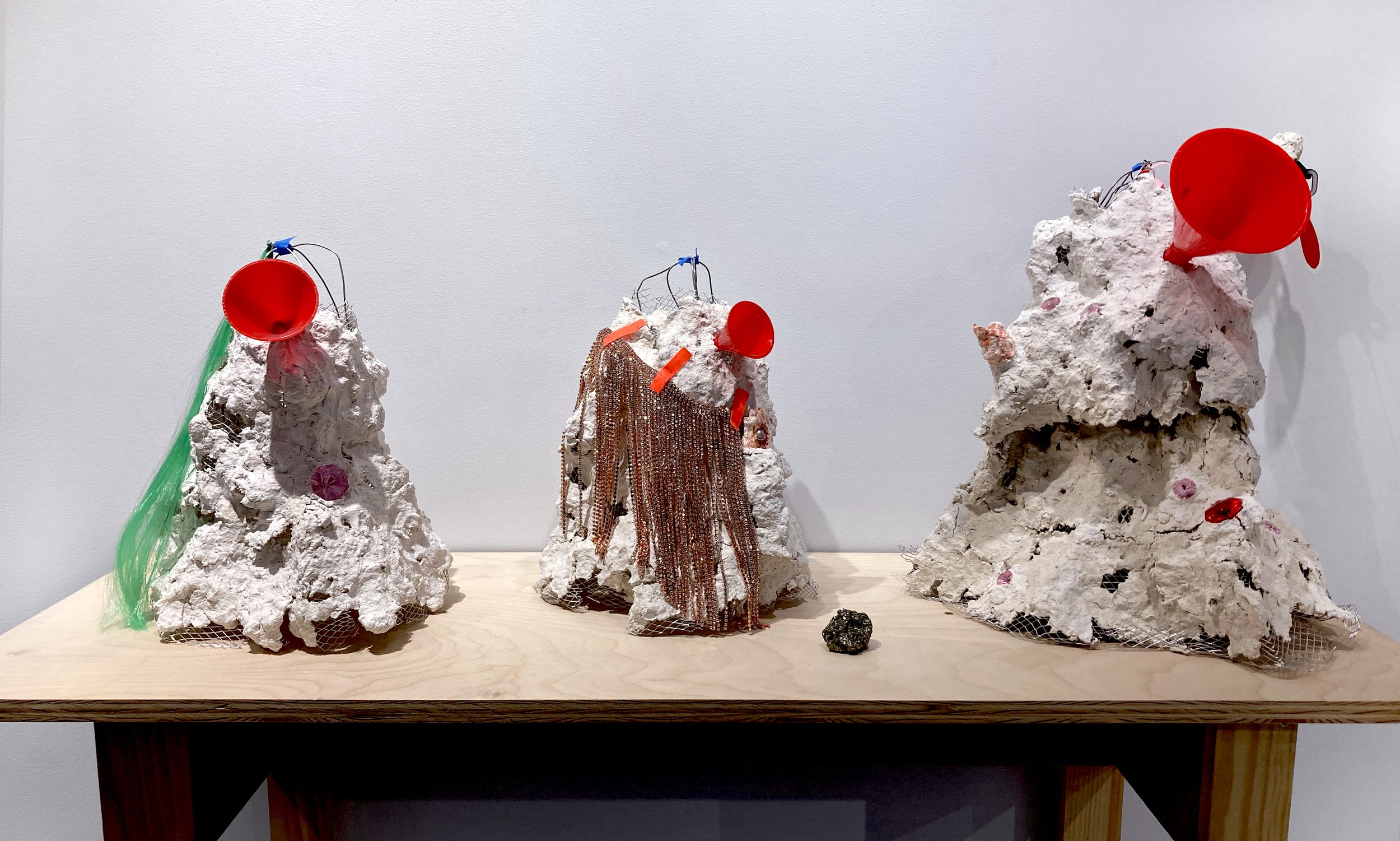    very rude choir (rock band)    paper pulp, wire, paint, hair extension, rhinestones, plastic, pyrite, dimensions variable. 