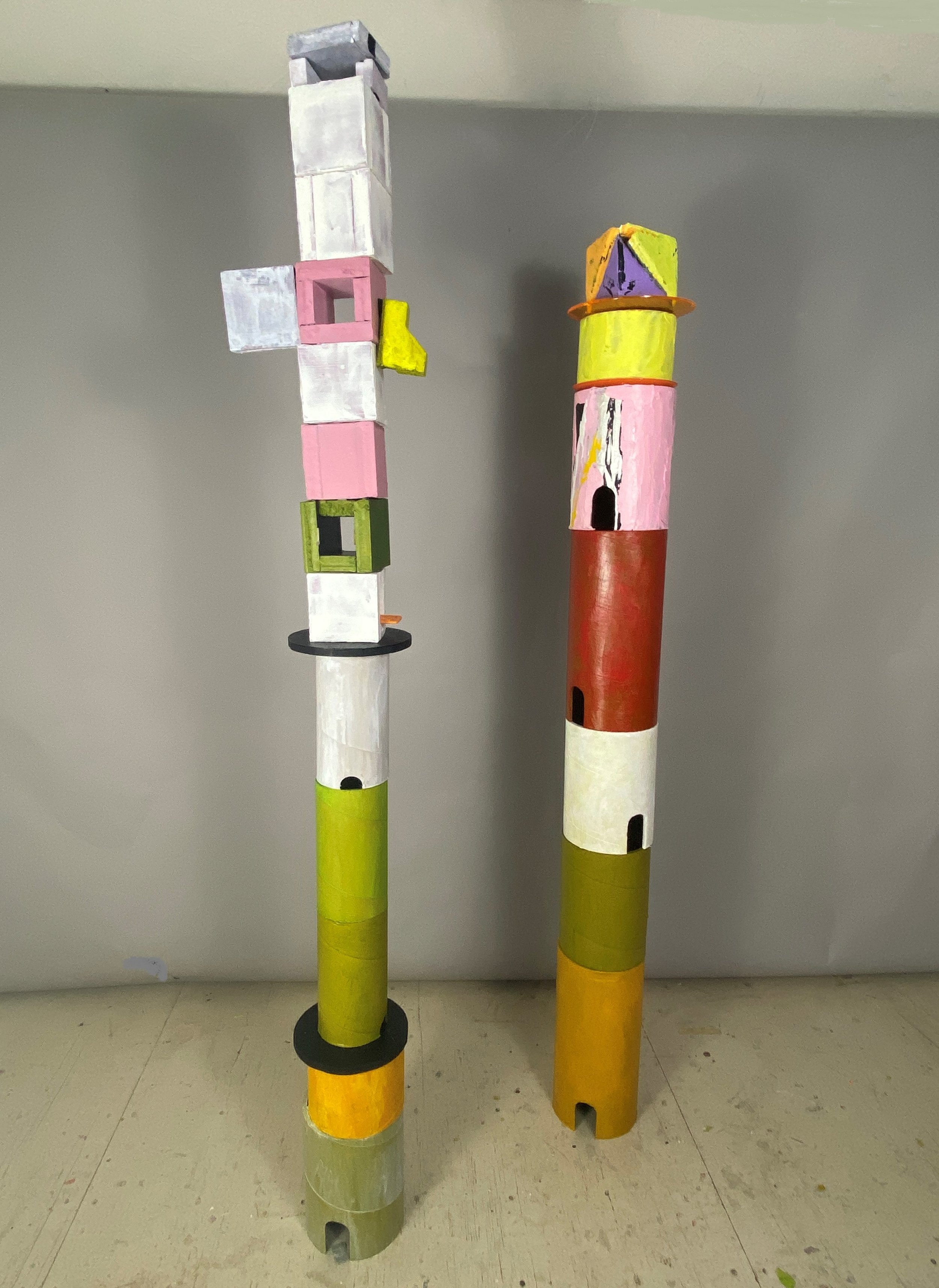    Tippy Towers    Mixed Media, 76h x 8 inches (L) and 70h  x 7 inches (R) 