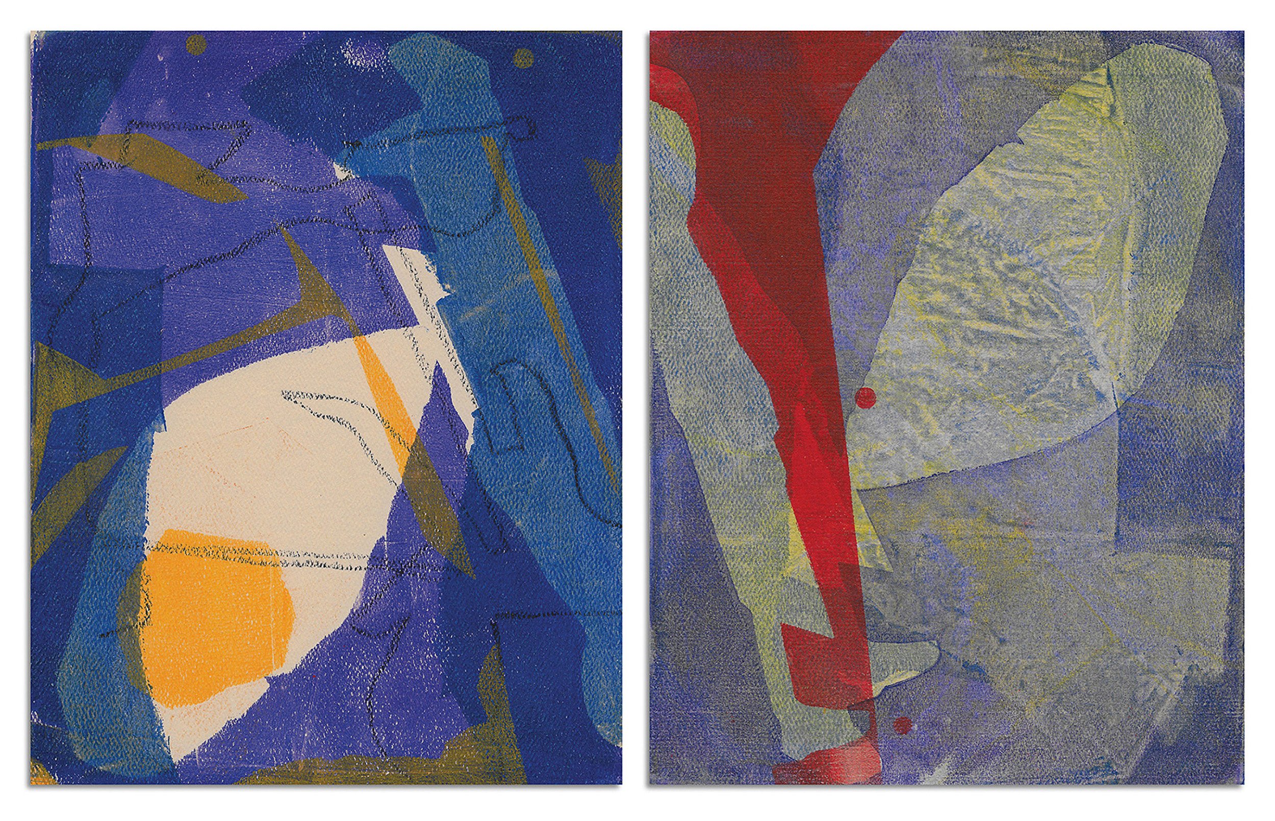    Forced Dyad   (diptych)  Acrylic monotypes and oil crayon on felted paper, 16 x 24 inches 