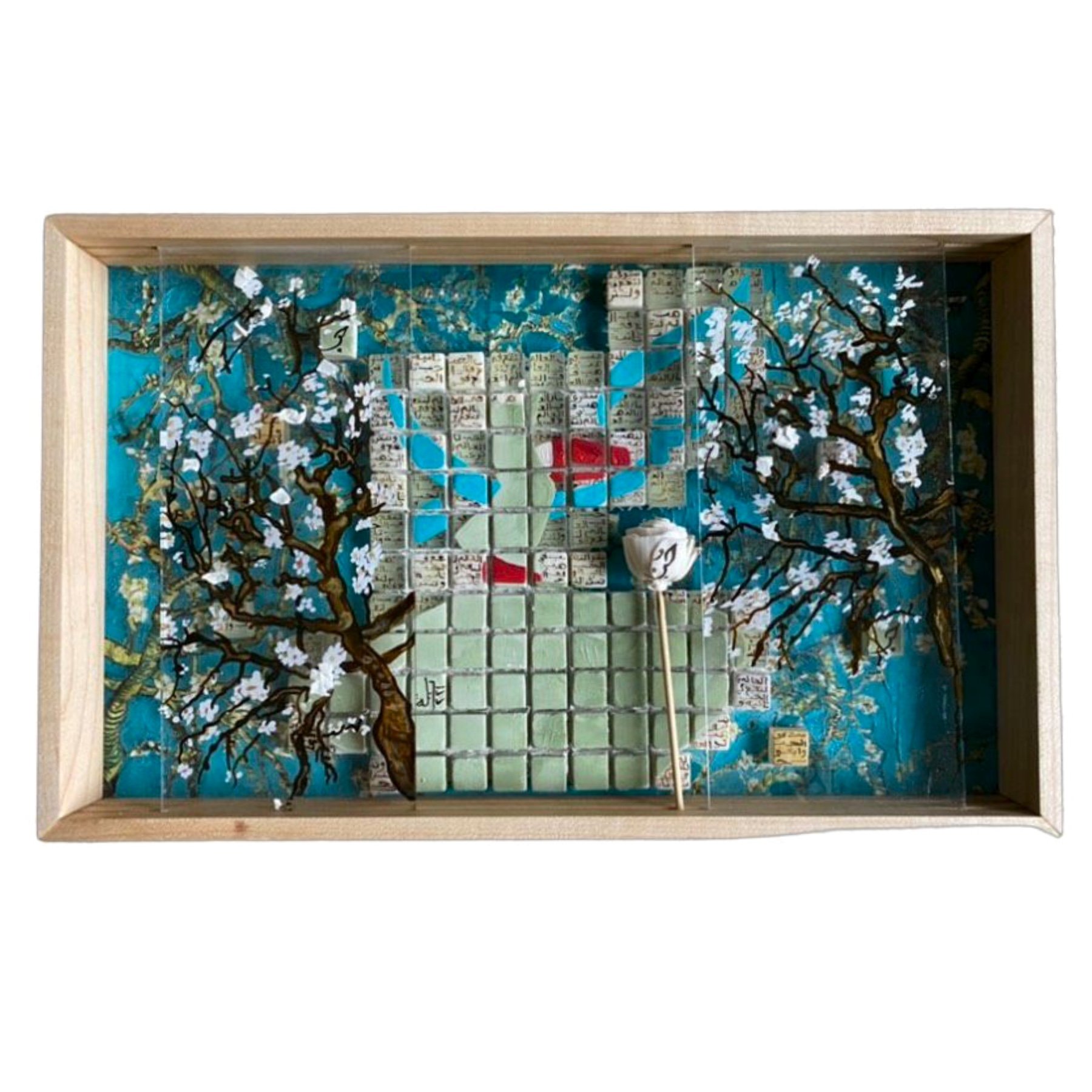   Rumi Love   Mixed media on wood panels, maple wood box credit to woodworker Carolyn Reckman  9.75” x 15.5” x 1.75” 