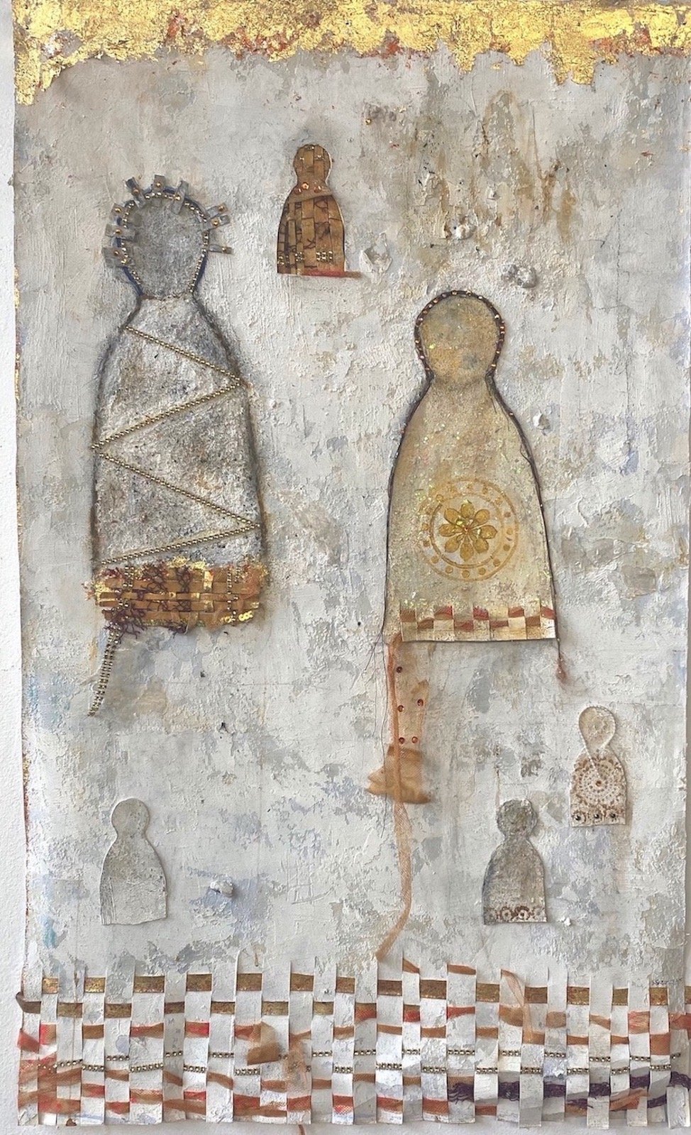   Migration , plasters, textures, weaving, beads, gold leaf, cut outs, henna, mica, 24 x 42 inches 