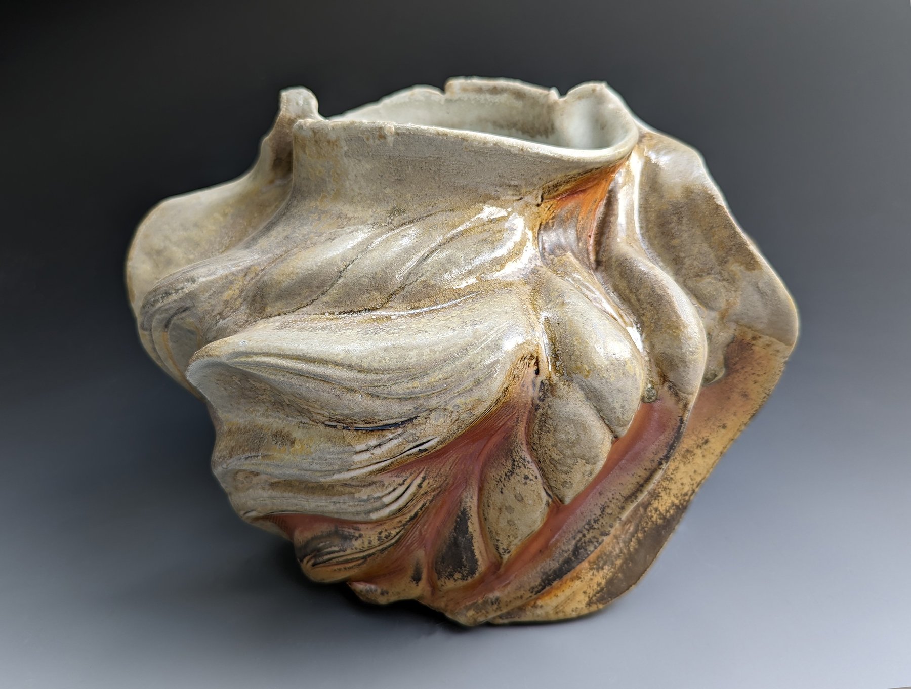    Ashy Wave Vase,   wood-fired ceramics, 8 x 10 x 8 inches 