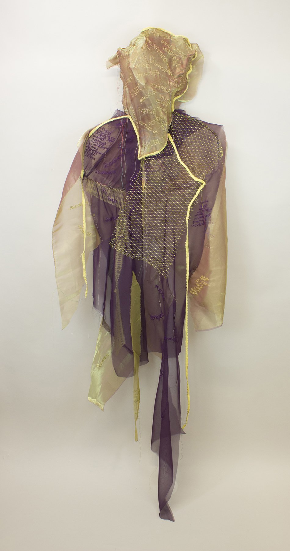    Invisible    crushed and reclaimed old work (steel), reclaimed food net and fabric, paper, thread, steel, 70 x 23 x 7 inches                 