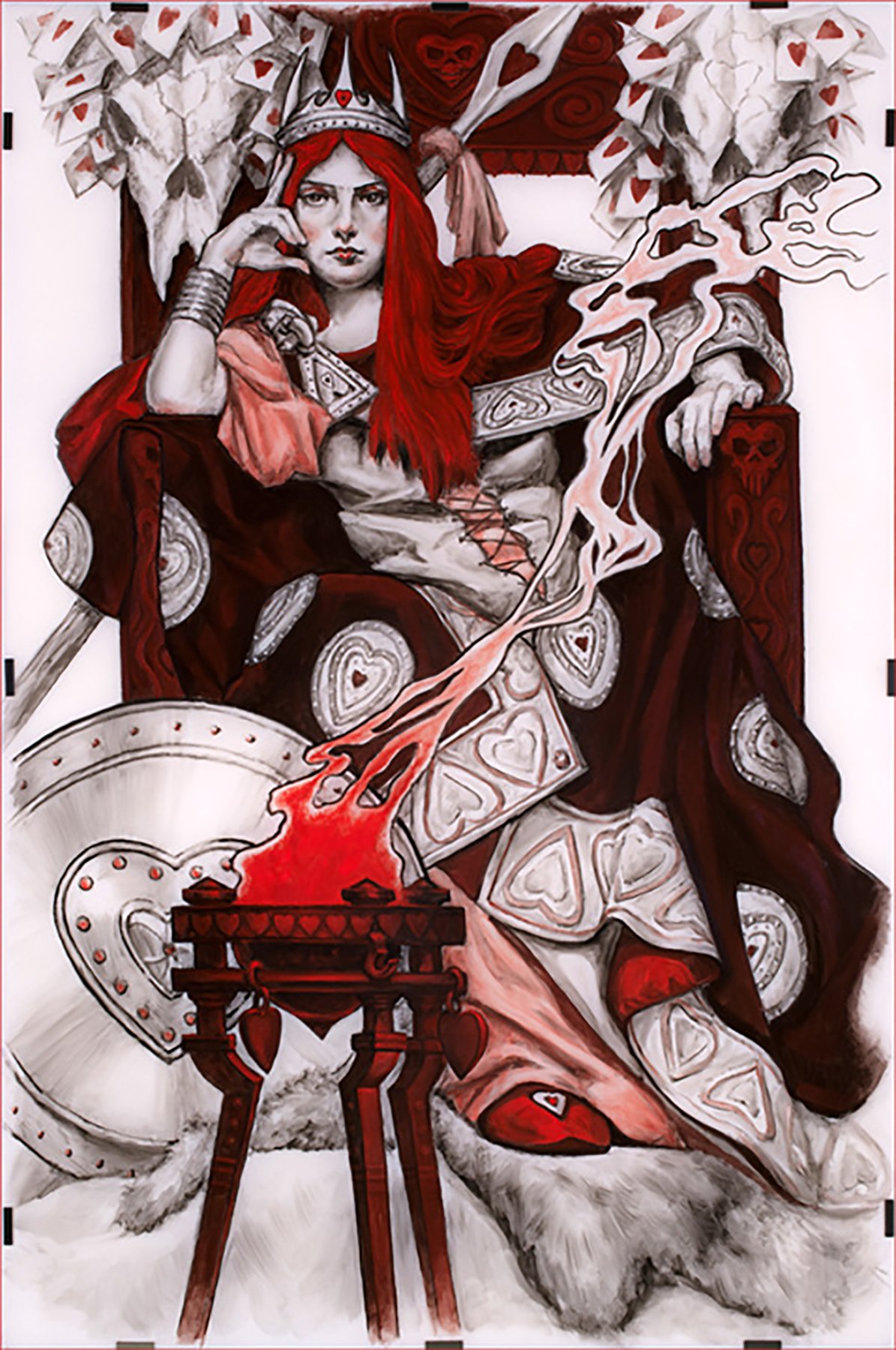   Red Queen   charcoal and oil on mylar on panel  36 x 24 inches 