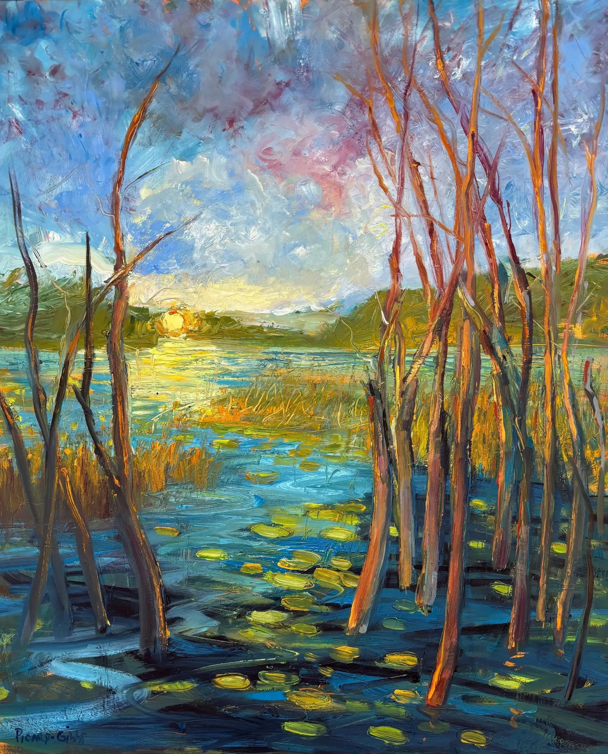 "Last Light on the Pond," Oil Painting on Board