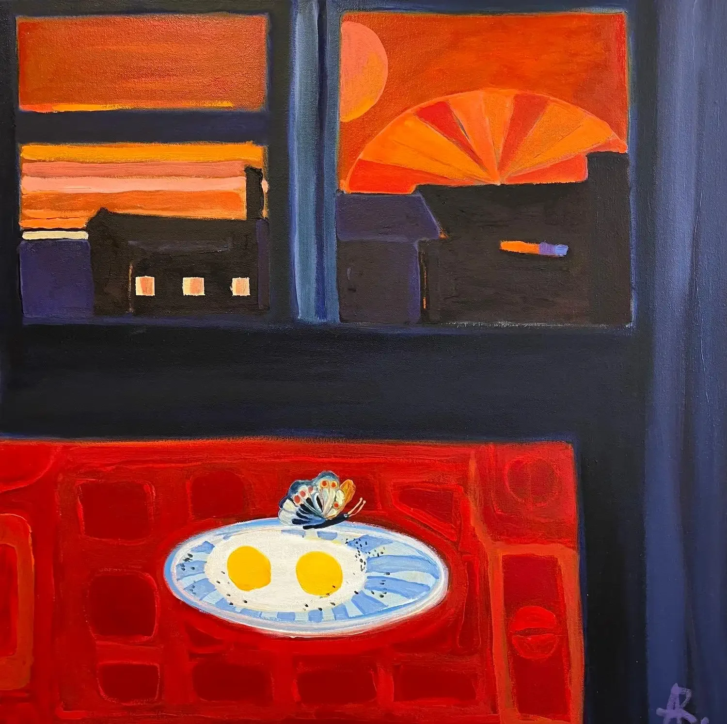 "Sunset with Sunny Side-Up, Black Pepper and a Butterfly," Oil Painting on Canvas