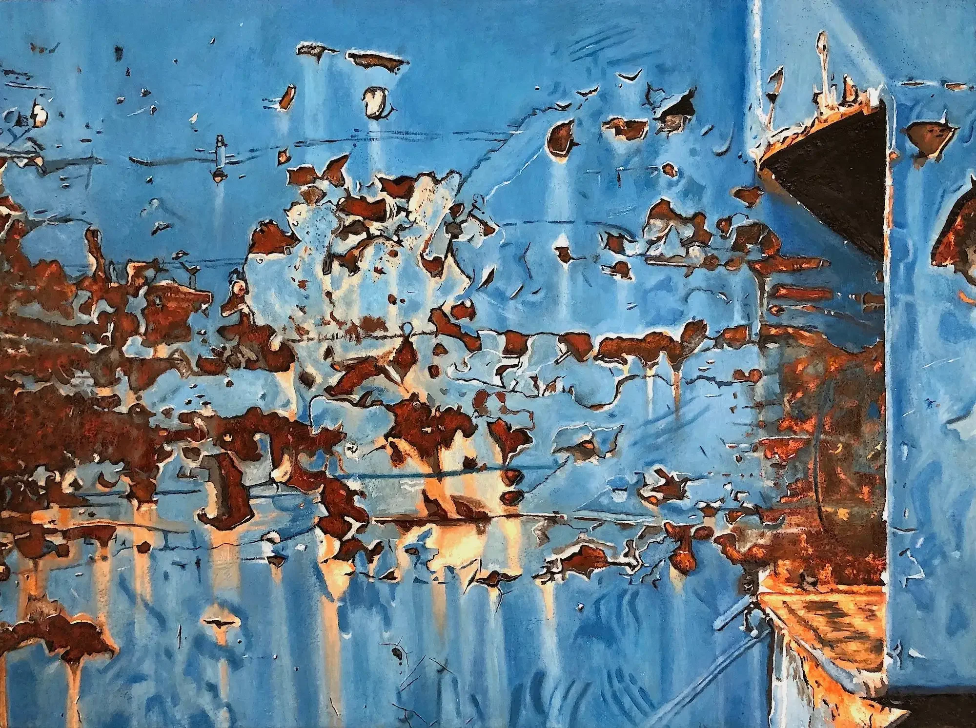 "Blue Dumpster," Encaustic and Oil on Wood Panel