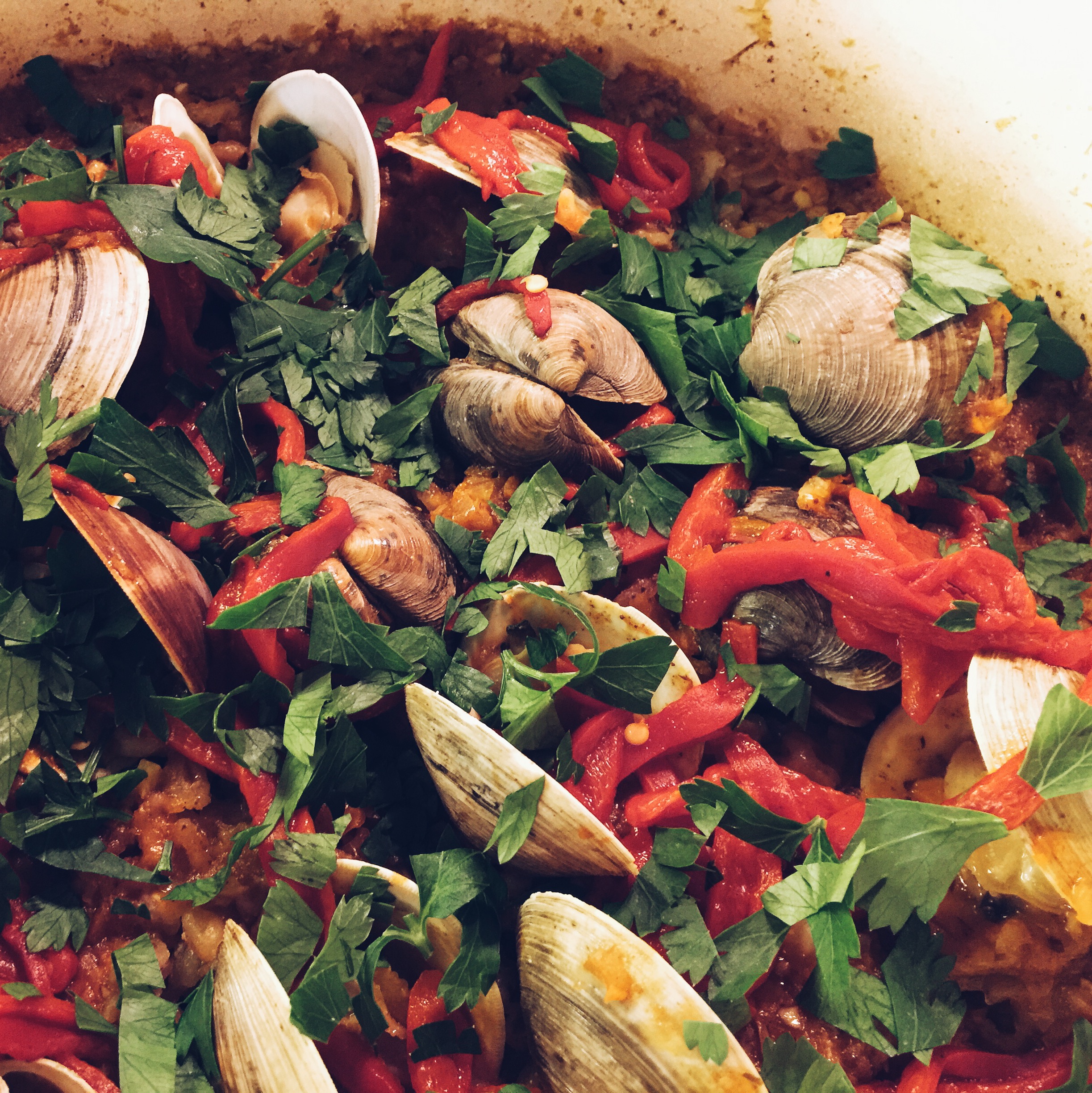 Farro Paella with Clams and Almond Aioli