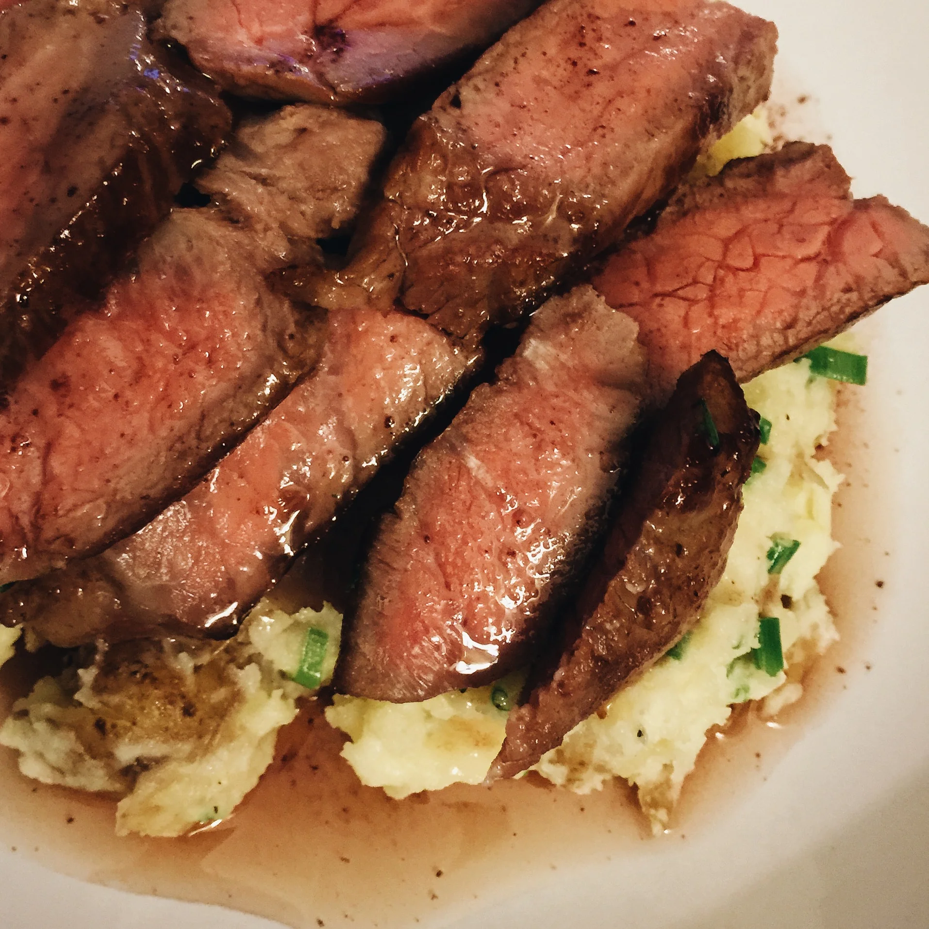 Steak with Red Wine Sauce and Smashed Potatoes