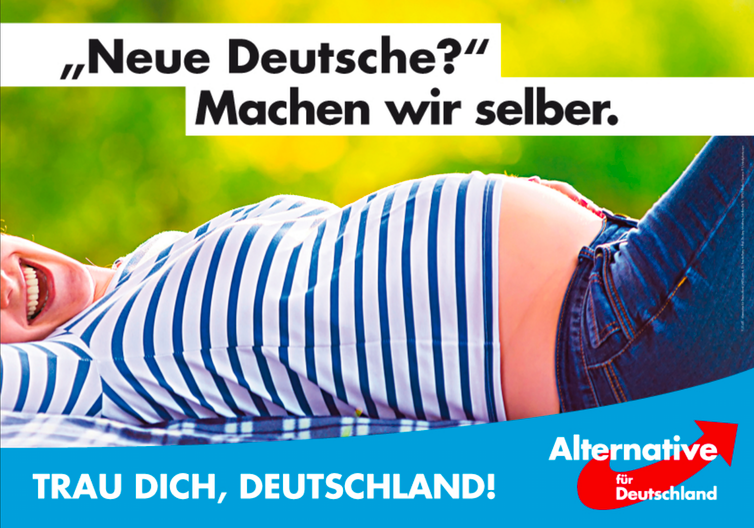 A xenophobic election campaign poster for the Alternative for Germany (AfD). The tagline says: New Germans? We’ll make them ourselves. The party has seen success by embracing German fears about immigration.