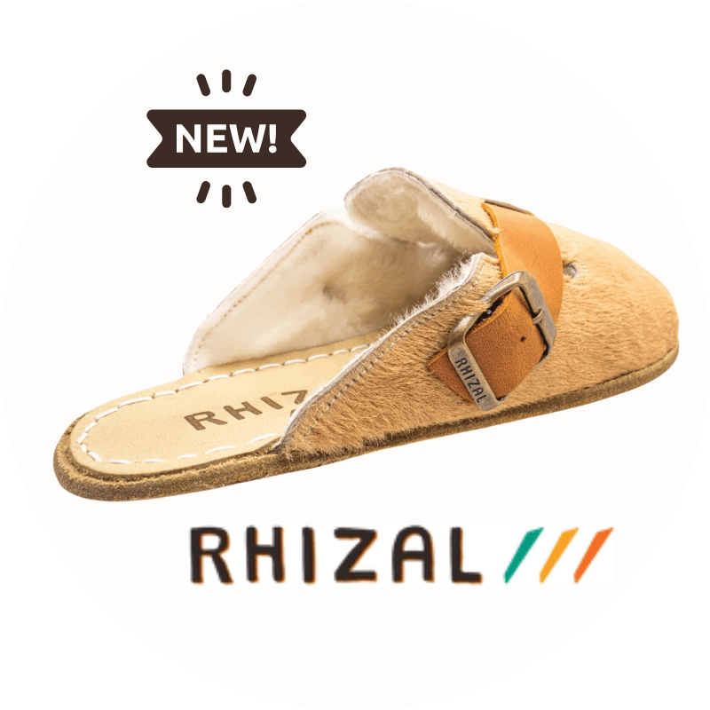 NEW! Rhizal Kuyu cowhide & sheepskin slip-on grounding shoe with copper and leather sole above Rhizal logo
