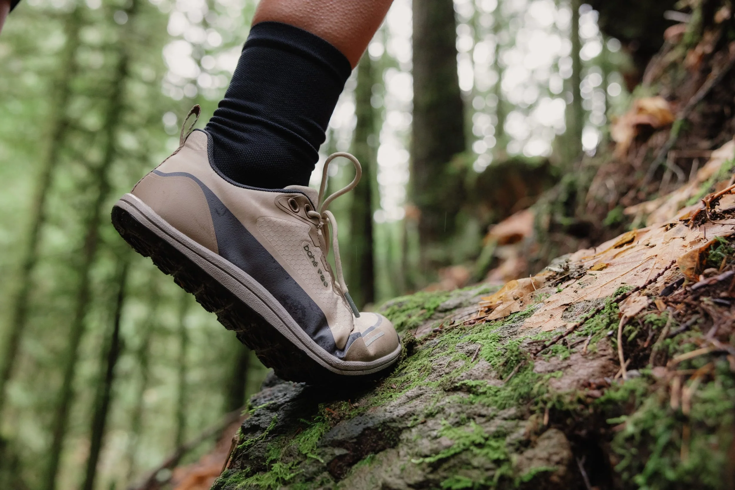 wearing bahe tundra rewild waterproof barefoot style grounding sneaker in the woods