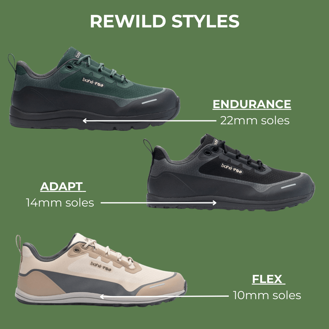 The three styles of Bahe Rewild barefoot waterproof grounding shoes for trails  - endurance, adapt and flex