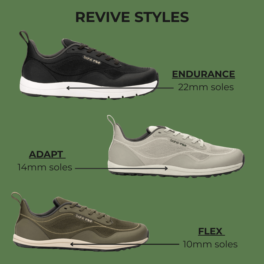 The three styles of Bahe Revive barefoot grounding shoes for running - endurance, adapt and flex