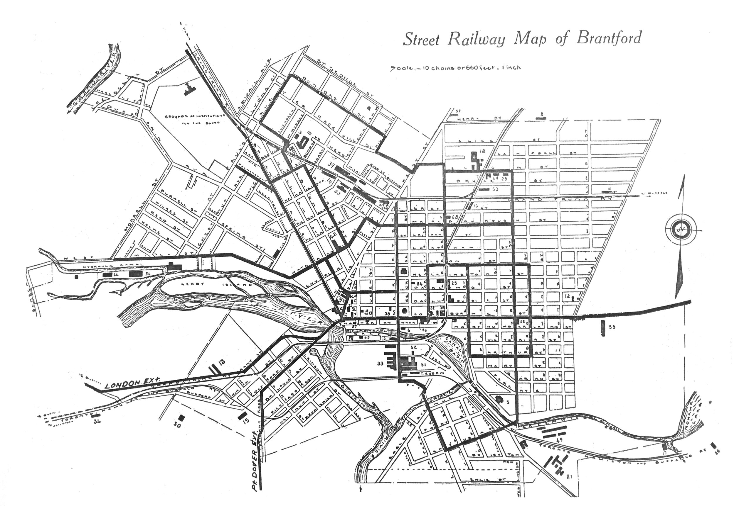 Map showing the Street Railway System. The system reached 51 of 57 factories in the city.