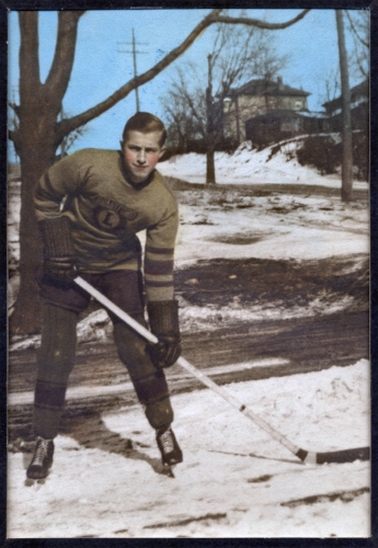 Brantford Lions Jr B hockey player, my father, John Jackowetz, 1939. Photo was taken on Usher St. The Broad St hill is in the background.