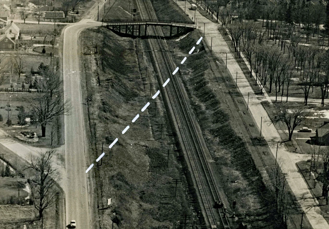Ava Road Bridge. Image courtesy of the Brant Historical Society The dashed line identifies the proposed route of the new bridge to cross the Canadian National Railway’s mainline tracks connecting Brant Ave with Paris Road. The new bridge opened in 1959.