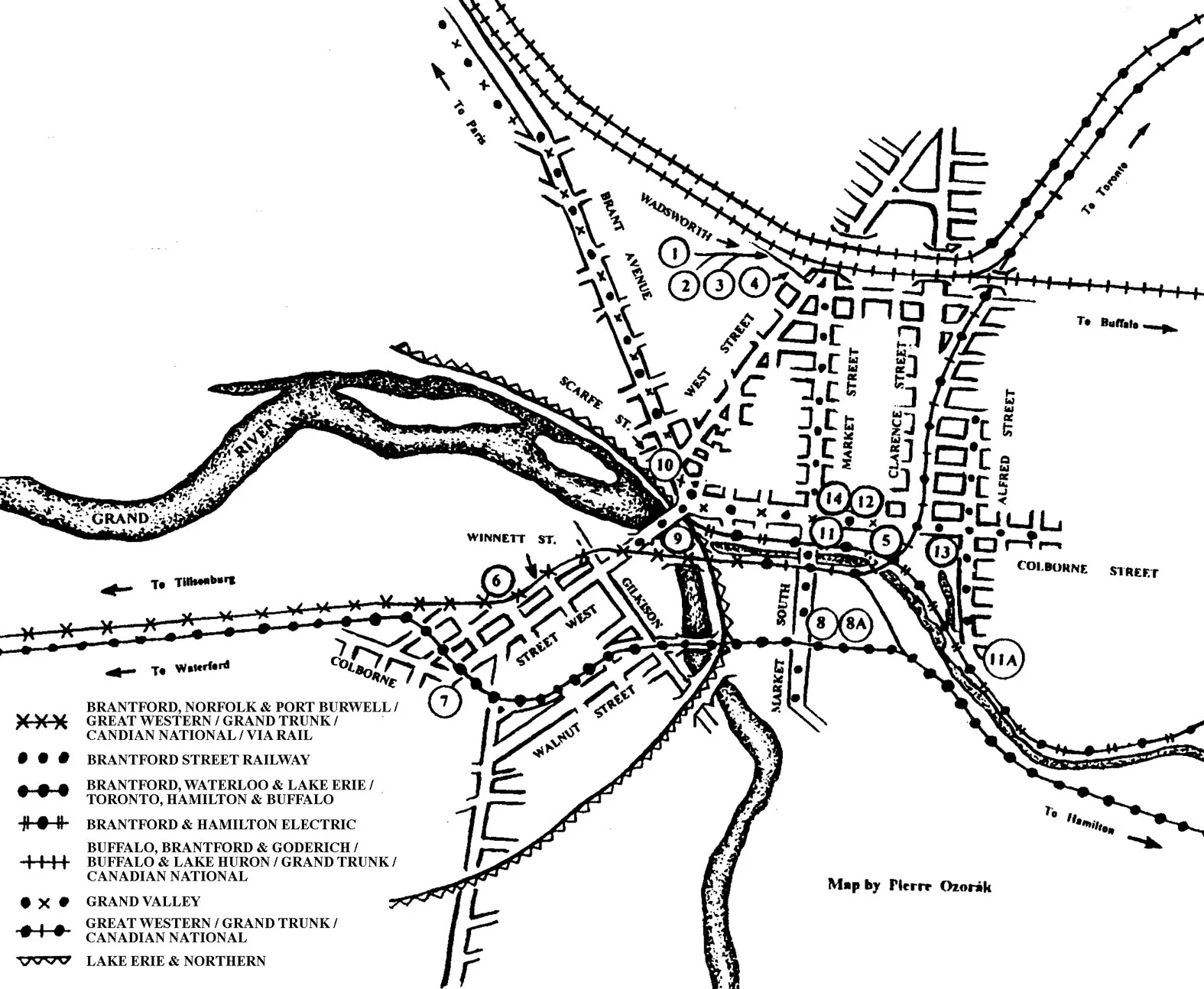 Brantford Railway Stations. Before the automobile and trucks and hard surfaced roads the railway was the dominant method of transportation. Brantford was connected to neighbouring cities and towns by rail and these railroads all had stations in town. Today only two stations remain and only the VIA Rail station is still in use. The TH&B station on Market Street South is vacant, the tracks to the station were removed this summer. Brantford’s railways and their station locations are shown on the map. 1) Buffalo, Brantford & Goderich 1854, 2) Buffalo, Brantford & Goderich / Buffalo & Lake Huron / Grand Trunk 1855 - 1881, 3) Grand Trunk 1881 - 1905, 4) Grand Trunk / Canadian National / VIA Rail 1905 - present, 5) Great Western / Brantford, Norfolk & Port Burwell 1871 - 1948, 6) Brantford, Norfolk & Port Burwell 1876 - 1877, 7) Brantford, Waterloo & Lake Erie 1889 - 1894, 8) Toronto, Hamilton & Buffalo 1894 - 1896, 8A) Toronto, Hamilton & Buffalo 1896 - 1954, 9) Lake Erie & Northern / Brantford & Hamilton Electric 1917 - 1954, 10) Lake Erie & Northern 1916 - 1917, 11) Brantford & Hamilton Electric 1908 - 1917, 11A) Brantford & Hamilton 1908, 12) Grand Valley 1902 - 1915, 13) Grand Valley 1915 - 1916, 14) Grand Valley 1916 - 1929.