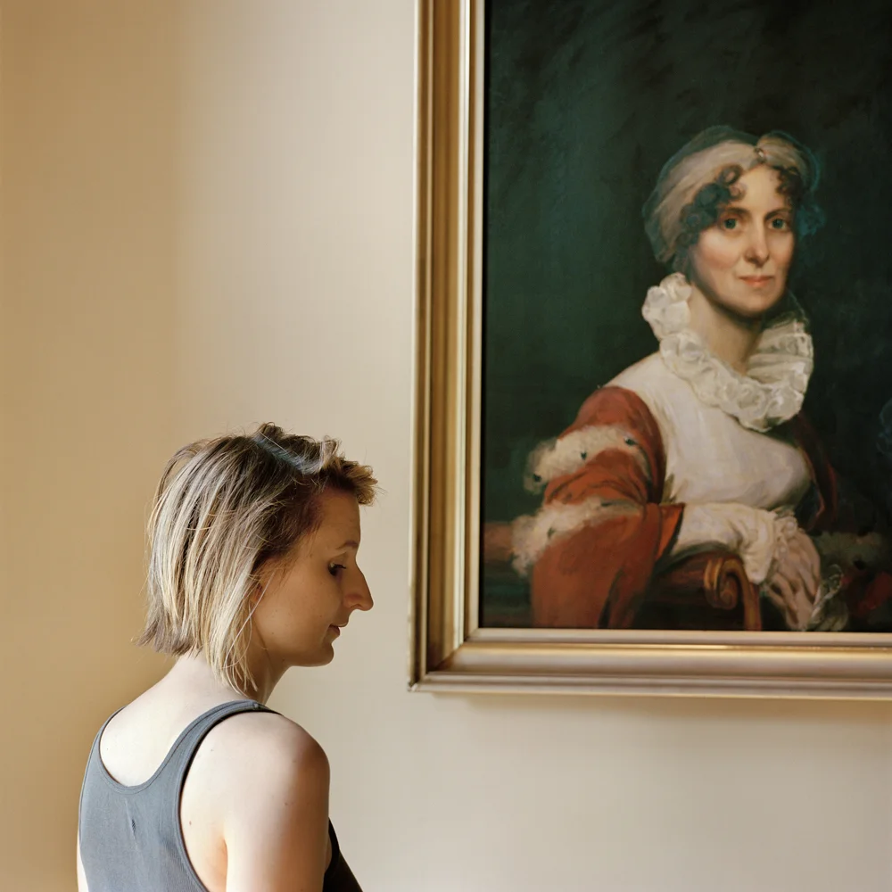 Edith, with a portrait of her ancestor (Milton, MA) 2013