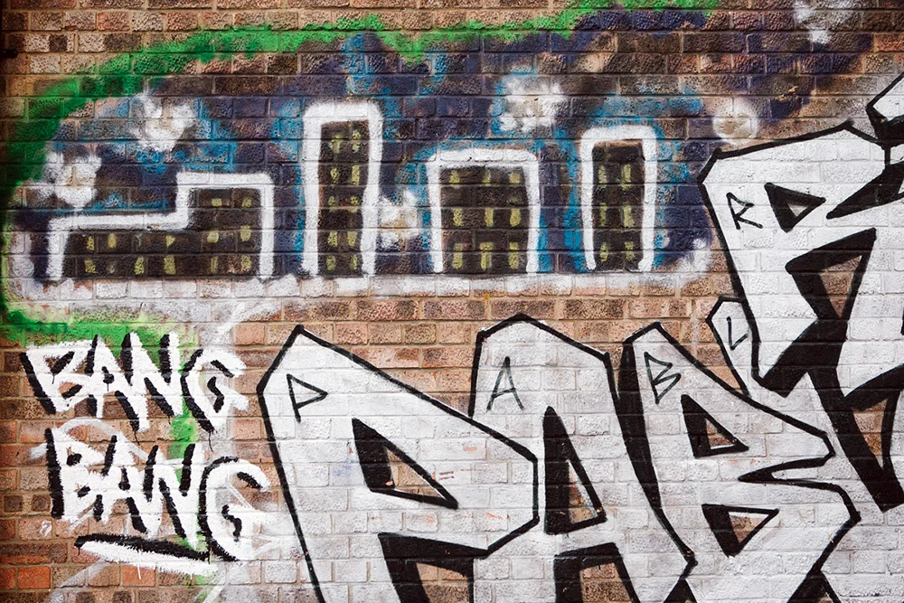 Bang Bang graffiti , 2008 This wall of graffiti was dedicated to 16 year-old Robert Levy who died in 2004 from stab wounds after trying to help another kid from being stabbed in the middle of a large clash of teenagers in Central Hackney. Most of the young people in this project were not directly involved in gangs, but everyone grew up affected by the violence that was going on around them. Their movements were restricted due to the 'post-code' gang wars, they all knew someone who had died from gang violence and it seemed there were only negative reports in the media about young people in Hackney. 