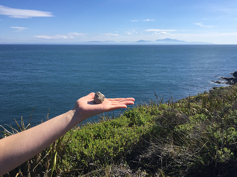 Jacinda Russell, Camden's Rock Bluff NZ walk with Stewart Island in the Distance, 14 Feb. 2016