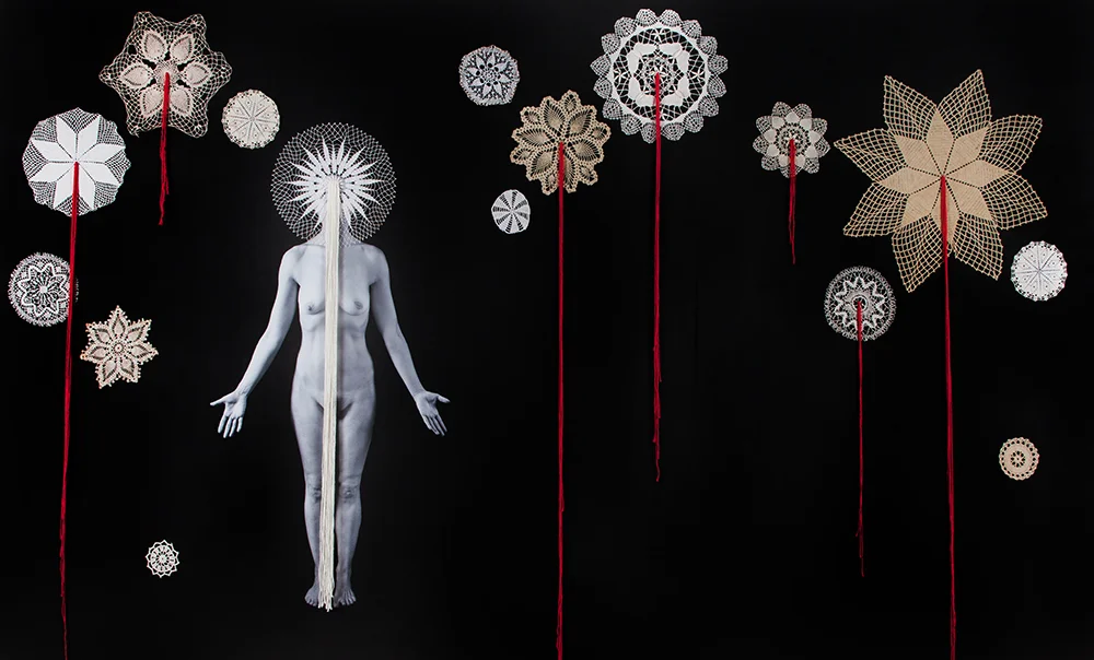 Universe . 2016 Archival pigment print, gesso, found objects and thread 60 x 100 inches, Unique