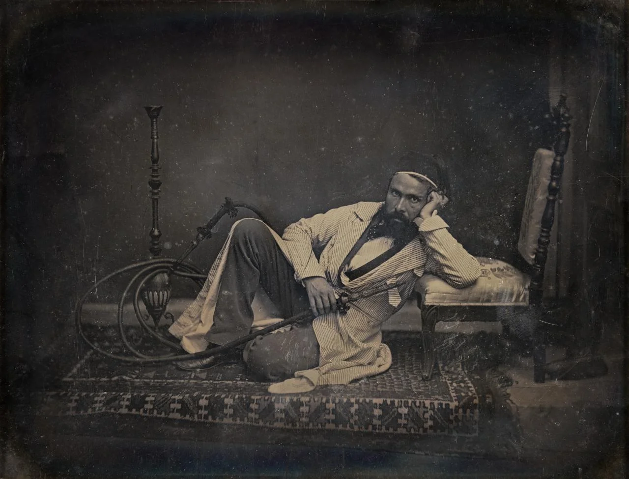 Camille Dolard, French (1810–1884). Self-portrait as a hookah smoker , 1845. Daguerreotype, 8 1/2 × 6 1/2 inches. The Nelson-Atkins Museum of Art, Kansas City, Missouri. Gift of the Hall Family Foundation, 2017.44.5.