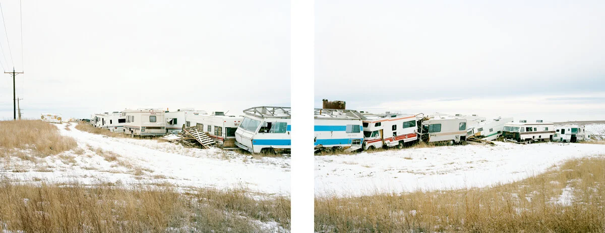 TJ’s Salvage Yard, February 2016 After the Bakken Boom experienced its first bust in 2014, many oilfield workers simply walked away and abandoned their makeshift housing. Scores of RVs and trailers were towed from the region’s man camps to this salvage yard on Highway 85, just south of Williston.