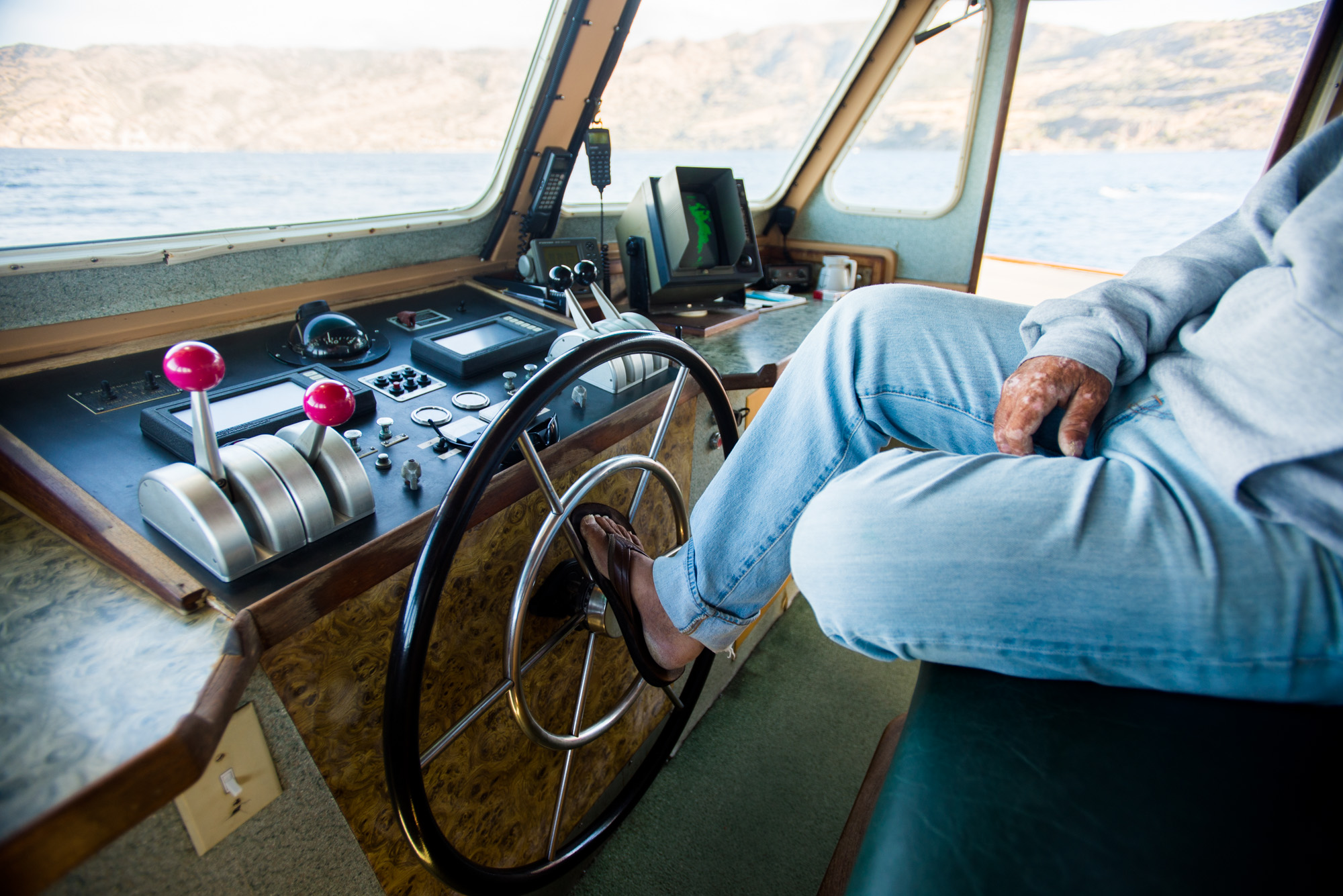 Inside the wheelhouse with the Captain.