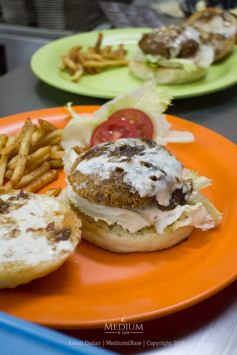 Frisbee's original lamb burger & original chicken burger.