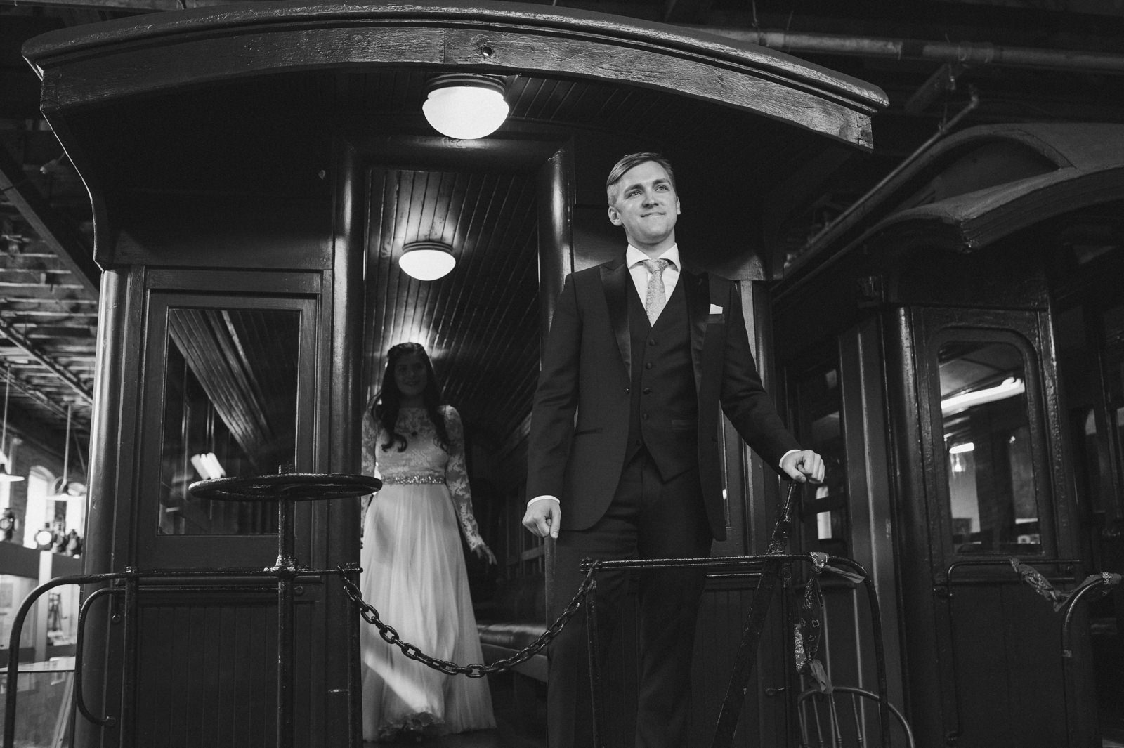  a bride and groom have a first look at the portland maine narrow gauge railway 