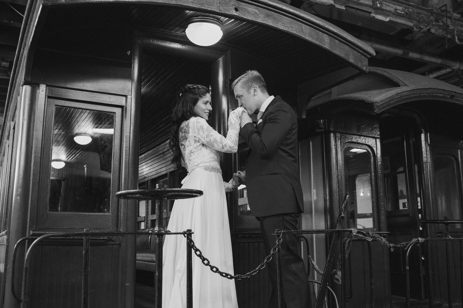 bride and groom at the narrow gauge railway in portland, maine