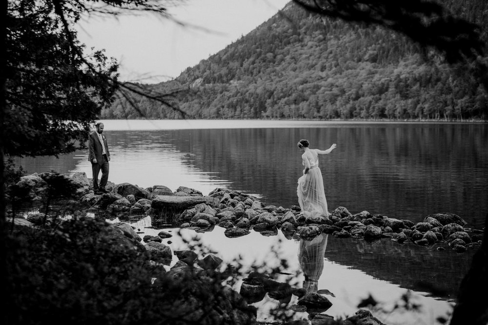  A bride walks at Jordan Pond in Acadia National Park 