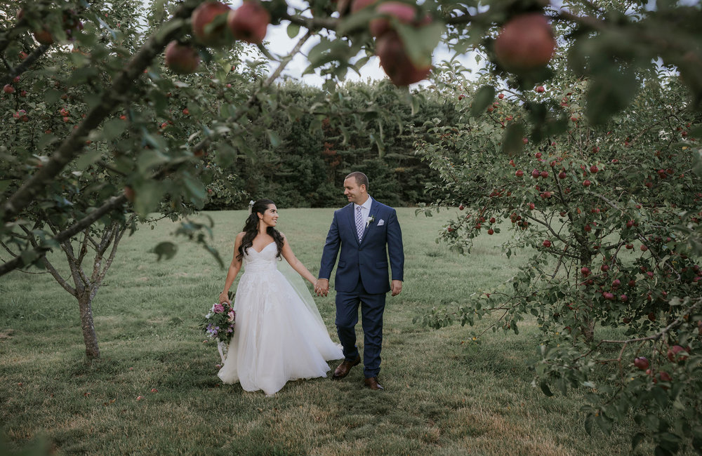  Bride and groom in an apple orchard at The Barn at Flanagan Farm 