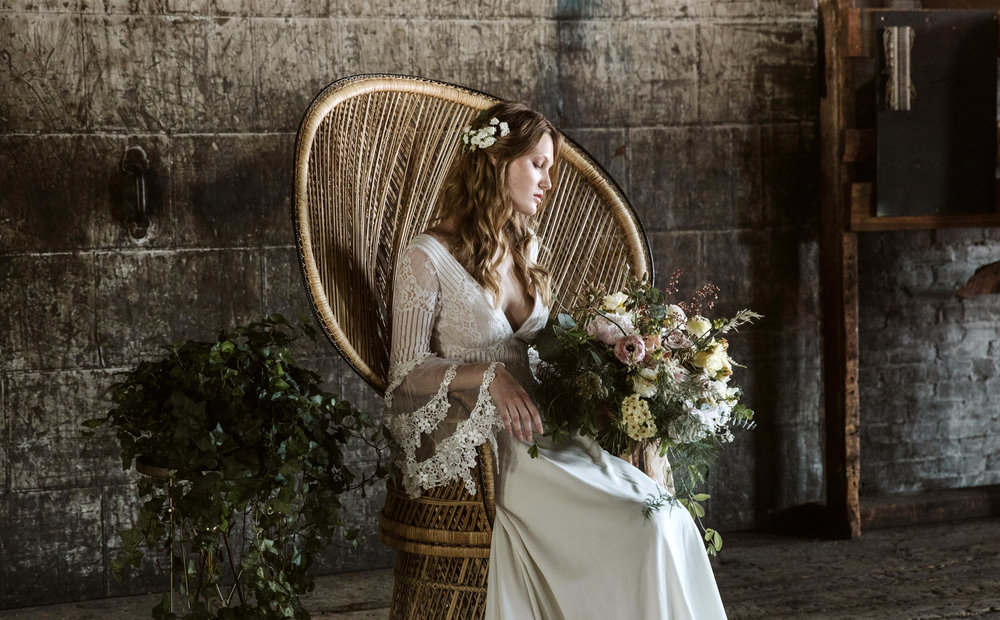  Bohemian bride in a peacock chair 