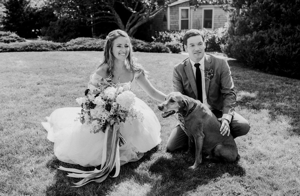  A bride and groom kneel with their dog at the Bradley Inn 