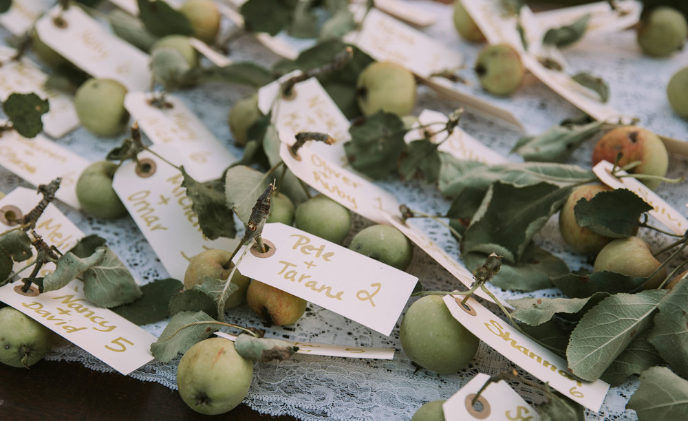  Name tags on apples at a wedding reception 