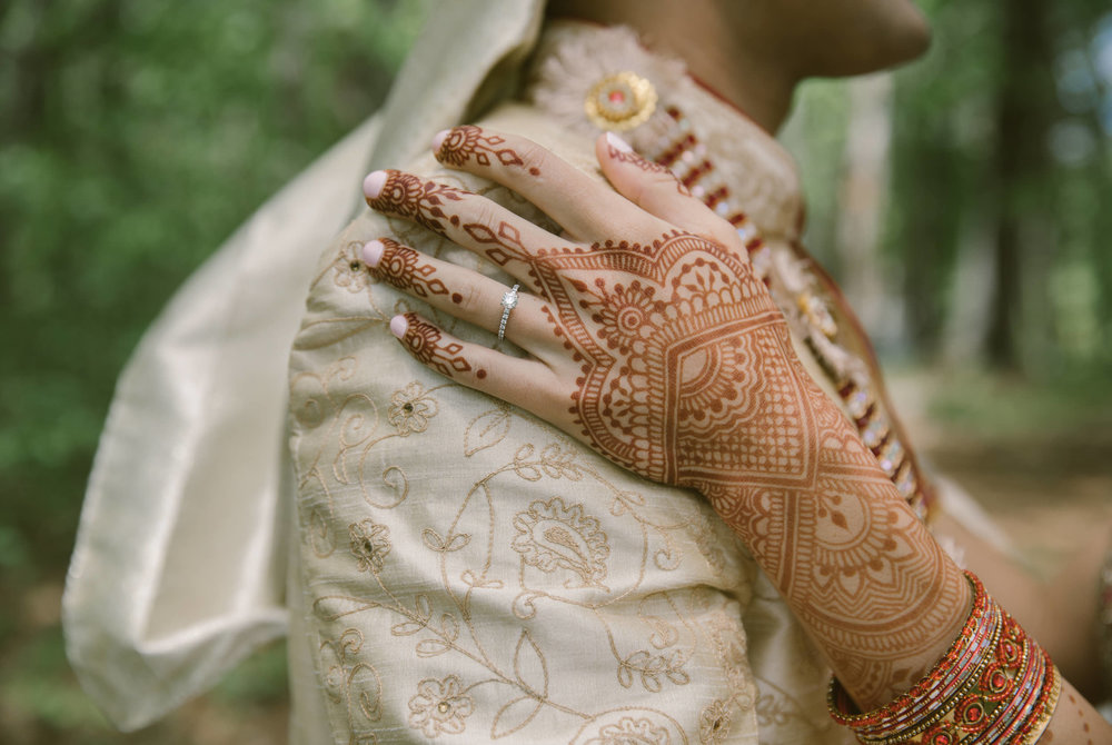  A bride’s henna hand on her groom’s shoulder 