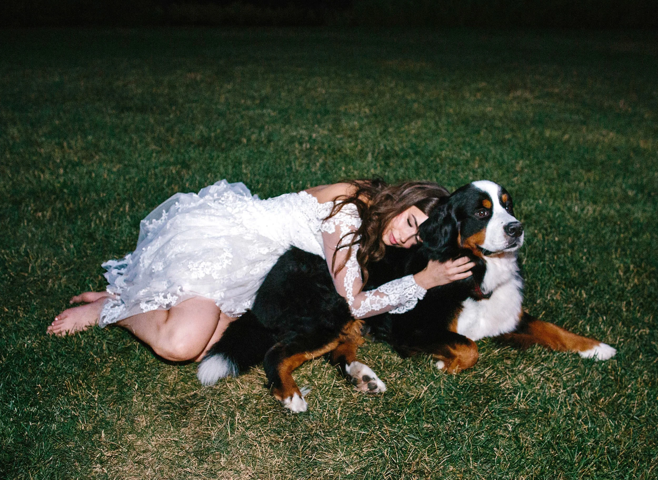 A bride lays on the ground in the grass on her Bernese Mountain Dog during her wedding reception