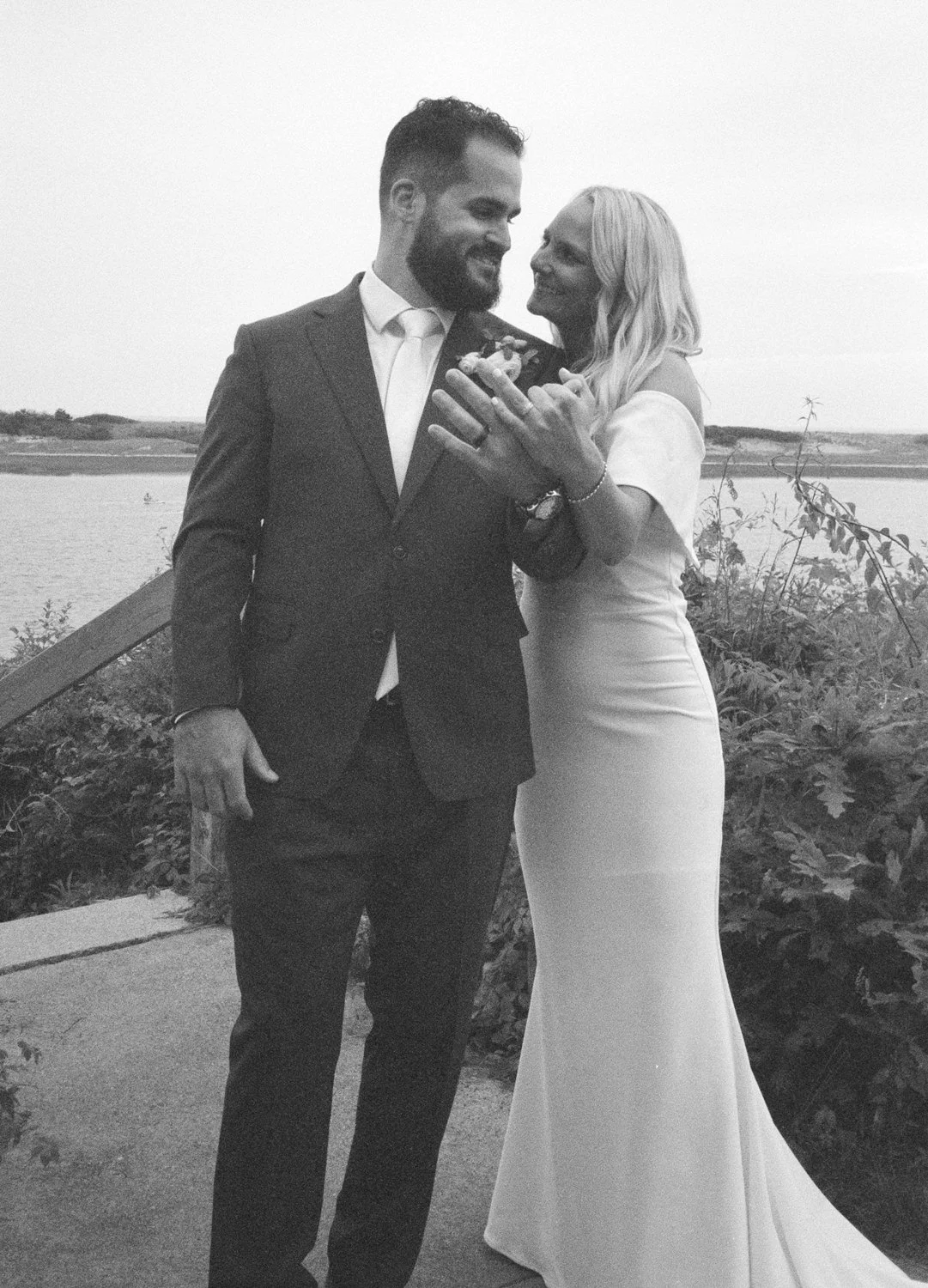 A couple after being married in Ogunquit on 35 mm black and white film