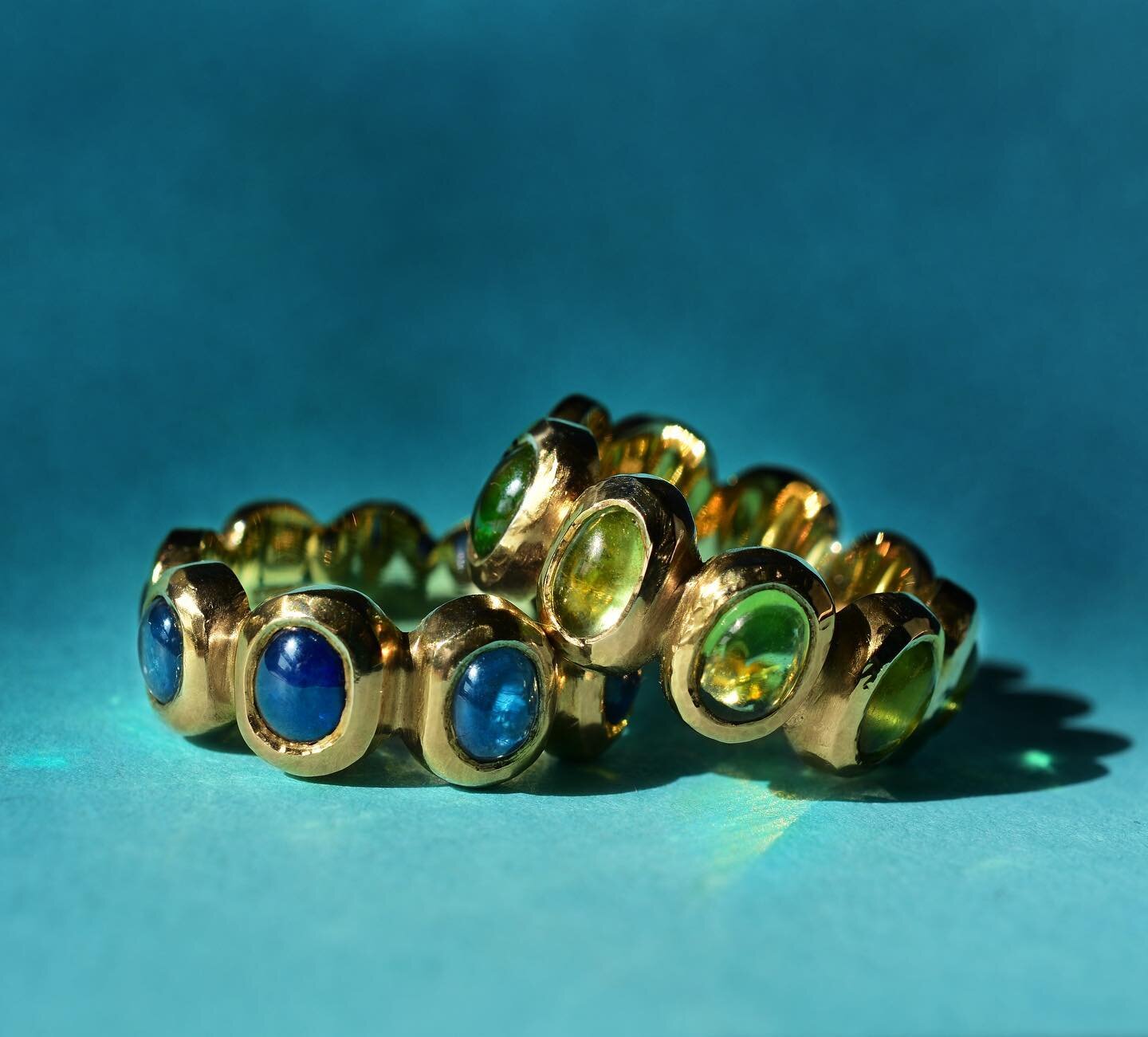 ~ Byzantine ~ an everyday statement ring. Beaten yellow gold with cabochon peridot or sapphires. 
These are customisable with any gemstone. 
We are also currently working on new cabochon rings which will be equally as ancient and just as opulent, so 