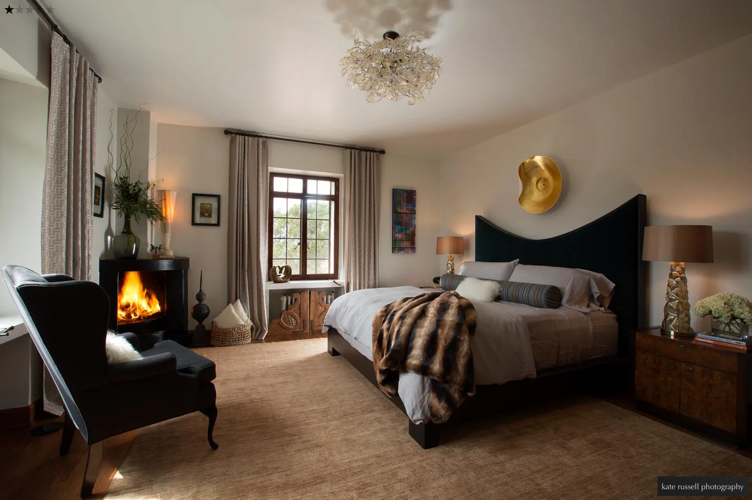 Every details was considered from lighting to the Art Deco fireplace. Heidi Loewen Produced the amazing piece over the bed it was covered in two layers of 22 k gold and just stunning. It fit perfectly withing the arched bed that was upholstered in a luxurious Holly Hunt Velvet. www.neubleu.com kate russell kate russell photography 126 Huddleson Street Santa Fe, NM 87501 505 820 0927 www.katerussellphotography.com kate@katerussellphotography.com
