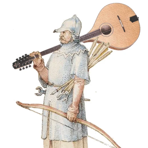 The Gallowglass from a 15th century woodcut, carrying his Irish bouzouki.