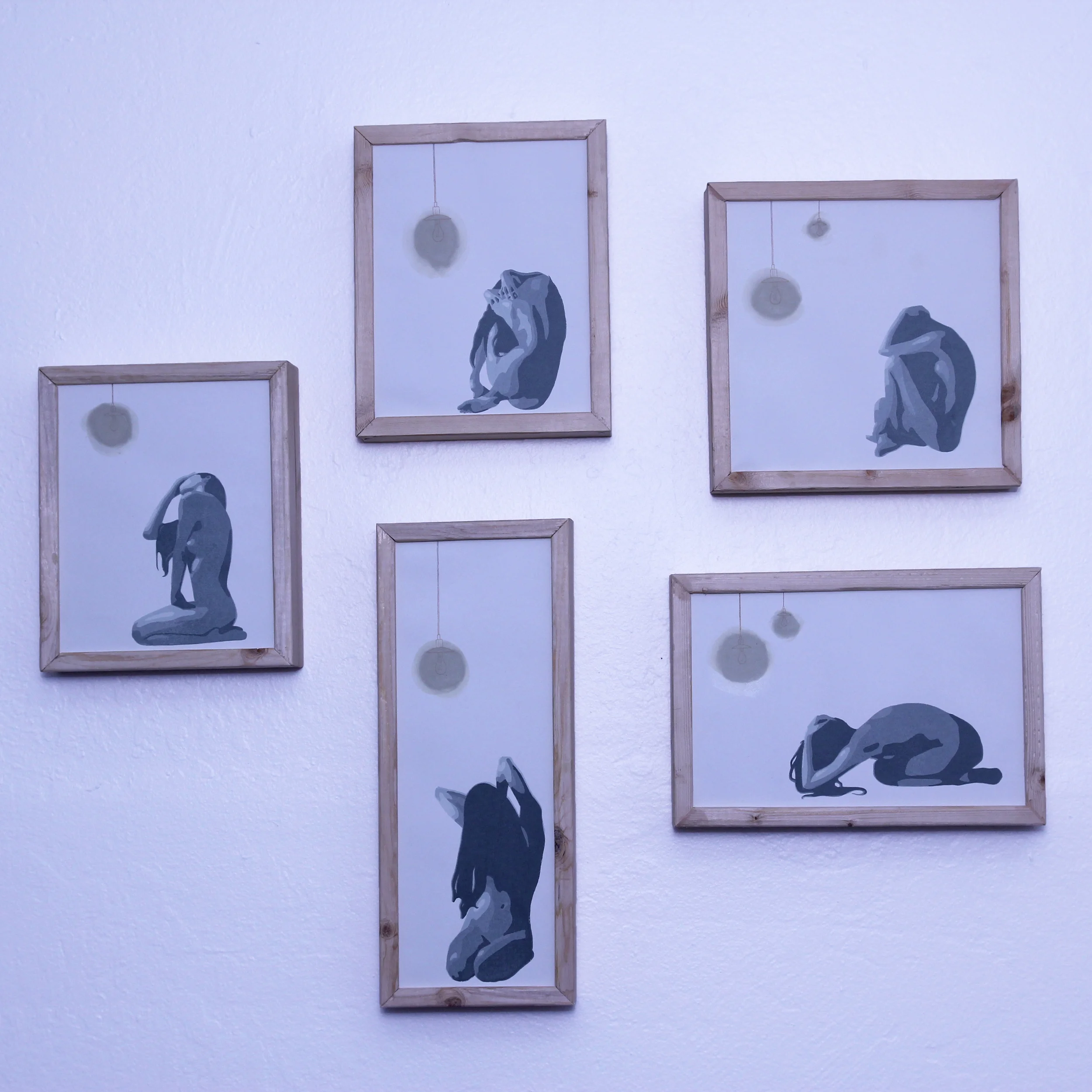  Handcrafted pine light boxes mounted with screen prints backed with battery powered LED lights. 